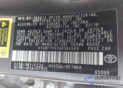 2016 Toyota Camry Le z USA, uszkodzony, nr VIN 4T4BF1FKXGR564569